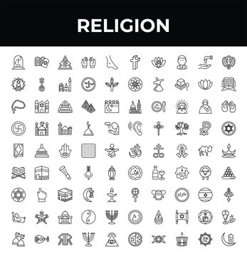 outline religion icons set - buddhism, mushaf, abrahamic. editable vector for web and mobile ui