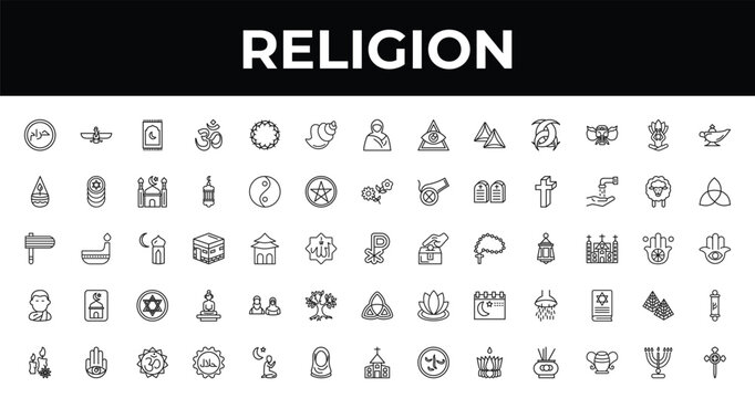 outline religion icons set - conch shell, paganism, islamic halal. editable vector for web and mobile ui