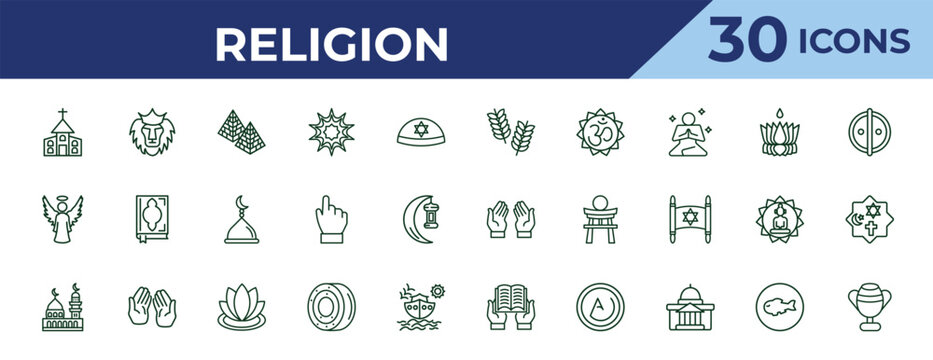 outline religion icons set - israel barley, angel, medina. editable vector for web and mobile ui