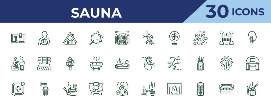 outline sauna icons set - arterioles, smoke sauna, regeneration. editable vector for web and mobile ui