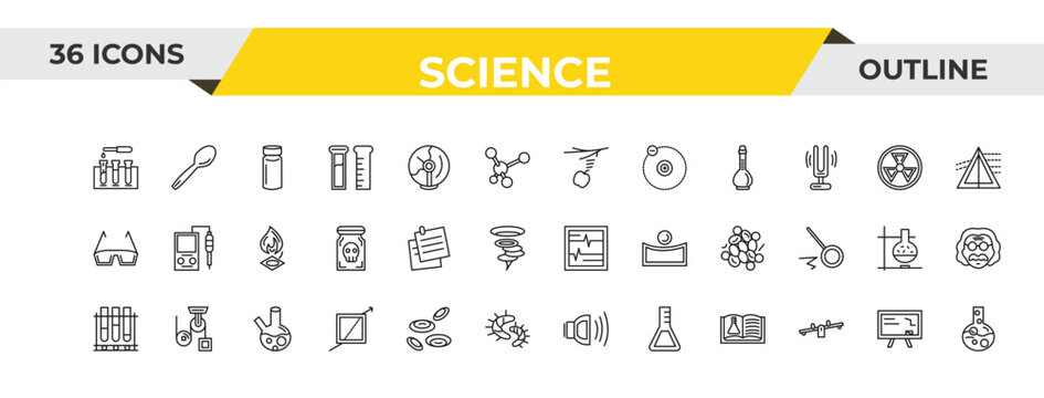 outline science icons set - gravity, notes, beaker. editable vector for web and mobile ui