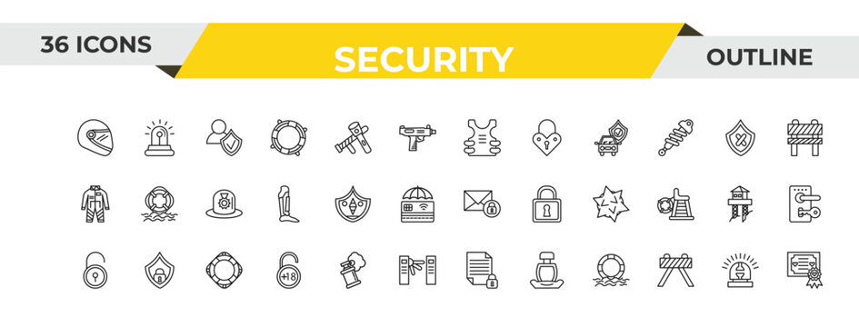 outline security icons set - bullet proof vest, rhomboid, lifeguard float. editable vector for web and mobile ui