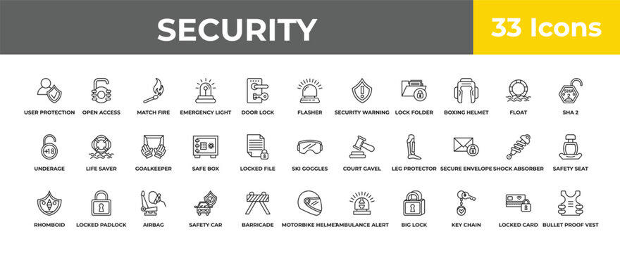 outline security icons set - goalkeeper, locked padlock, bullet proof vest. editable vector for web and mobile ui