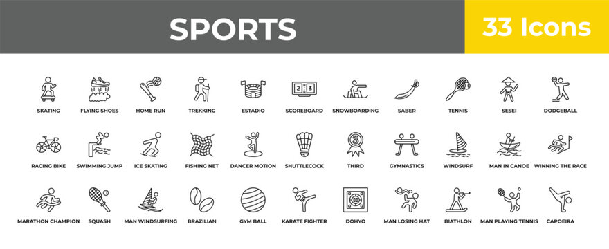 outline sports icons set - ice skating, squash, capoeira. editable vector for web and mobile ui