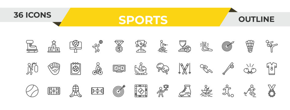 outline sports icons set - surf sea, scoreboard, kendo. editable vector for web and mobile ui
