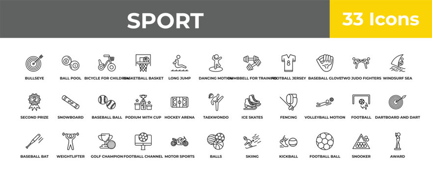 outline sport icons set - baseball ball, weightlifter, award. editable vector for web and mobile ui