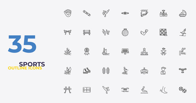outline sports icons set - exercise ball, trampolining, baseball ball. editable vector for web and mobile ui