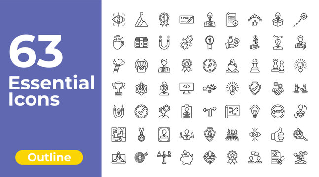 outline startup stategy and icons set - gift voucher, first, startup project search. editable vector for web and mobile ui