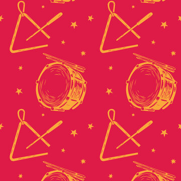 seamless pattern of forr&oacute; musical instruments with accordion zabumba and triangle for festa junina decoration