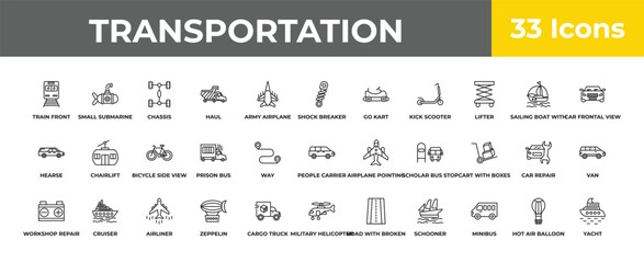 outline transportation icons set - bicycle side view, cruiser, yacht. editable vector for web and mobile ui © IconArt
