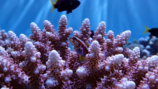 Vibrant Pink Coral Reef Ecosystem Teeming With Small Fish Underwater Sunlight Rays Illuminating Marine Life In Blue Ocean