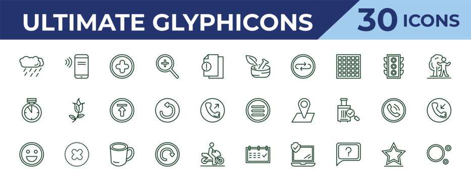 outline ultimate glyphicons icons set - medicine mortar, time almost full, smiling face. editable vector for web and mobile ui