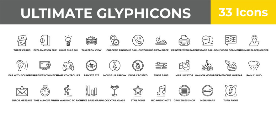 outline ultimate glyphicons icons set - game controller cross, time almost full, automatic flash. editable vector for web and mobile ui