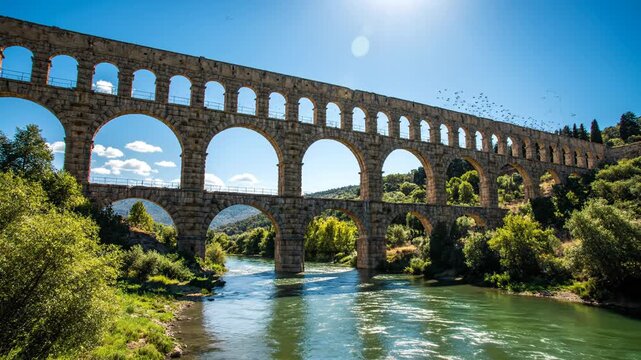 Ancient Roman Aqueduct Pont du Gard Over River Gardon France Sunny Day.