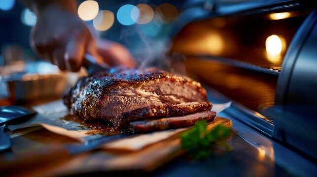 Backyard smoker brisket sliced on butcher paper with steam rising