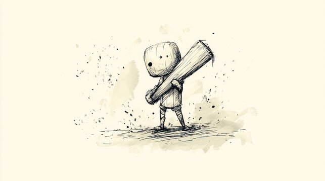 Sketch of a small figure holding a large rolled object, ink splatter background