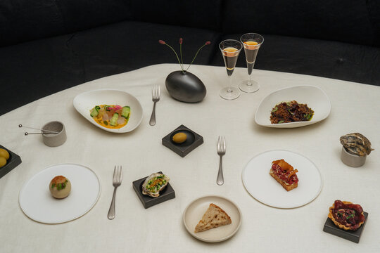 Fine Dining Table with Assorted Gourmet Dishes