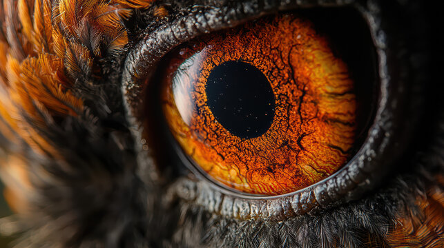 An intense close up captures the mesmerizing details of a birds eye, revealing stunning color patterns in captivating shades of orange and black.