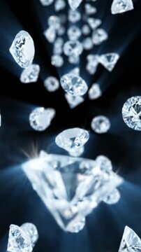 Stunning Falling Diamonds with shimmering light rays on a dark background perfect for luxury jewelry branding and high-end fashion backgrounds. Vertical. Video. Portrait Orientation.