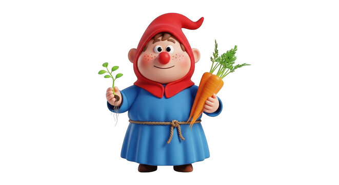 A cheerful gnome holding two ripe bananas in a snowy setting