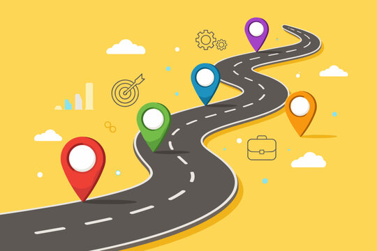 Business Roadmap Infographic Template with Five Colorful Location Pins on a Winding Curved Road, Strategy Milestones Journey Concept with Target and Gear Icons on Yellow Background Illustration