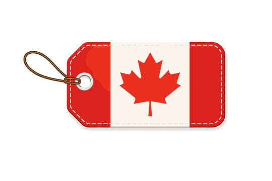Canadian Flag Tag Vector Illustration Featuring the Iconic Red Maple Leaf Design. Realistic Price Label or Souvenir Tag with String and Metal Grommet Isolated on a Clean White Background.