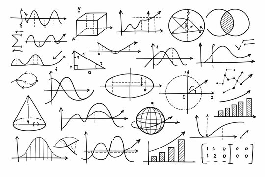 Hand-drawn mathematical formulas and geometric diagrams on white background. Collection of science sketches including calculus graphs, trigonometric triangles, algebraic matrices, and functions.