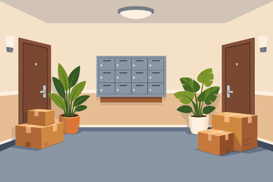 Modern Apartment Building Lobby Hallway Interior with Doors, Mailboxes, and Cardboard Boxes. Flat Vector Illustration of a Residential Corridor with Potted Plants and Moving Boxes for Delivery.