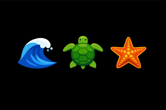 Set of three colorful marine-themed vector icons featuring a stylized blue ocean wave, a green sea turtle, and an orange starfish isolated on a black background for web and graphic design.