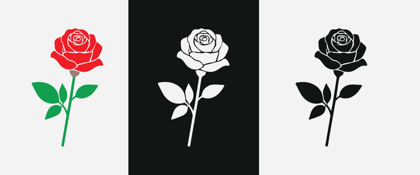 Minimalist rose flower icons set, elegant red rose with green stem vector, black and white floral silhouettes for wedding invitations and logos