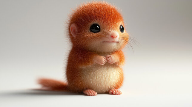 A charming orange dormouse with adorable eyes and tiny paws stands upright on a white surface, captivating viewers with its innocent and endea expression.