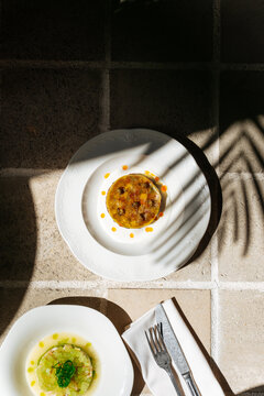 Two gourmet plated dishes served on tiled table in sunlight
