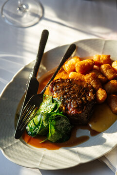 Beef fillet with croquettes and greens