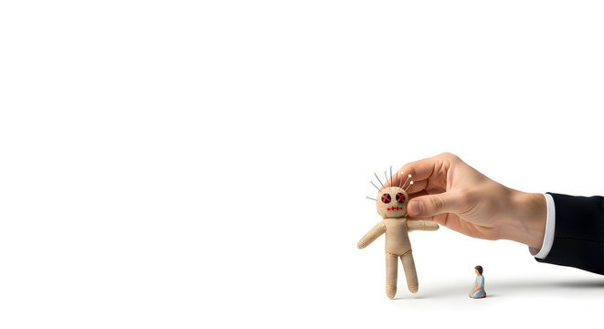 Businessman hand holding burlap voodoo doll with pins against white background