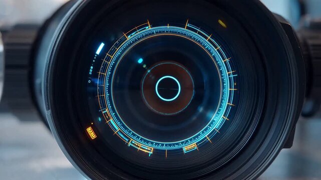 Closeup of camera lens with digital overlay for high-end commercial advertising