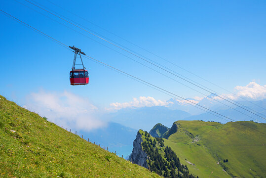 Red cable car gondola cabin to Stockhorn mountain in the Bernese Oberland, Switzerland