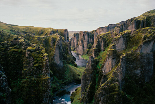 Sunlit magical river valley in Iceland 