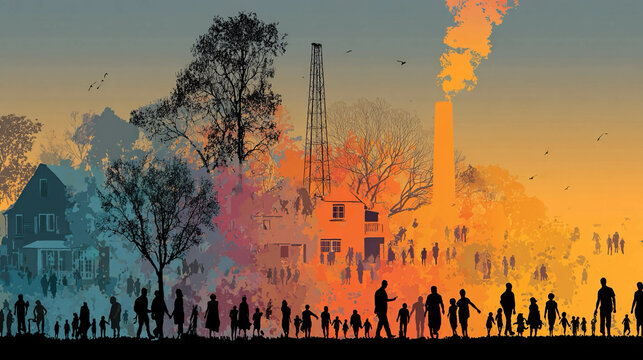 Visual representation of environmental justice, depicting communities affected by pollution and advocating for equitable environmental policies and social responsibility