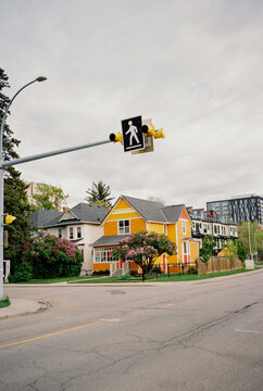 Pedestrian crossing in cozy suburb in Calgary, Canada 