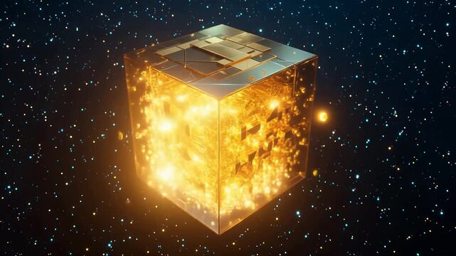 Golden cube glowing in space symbolizing growth and future success