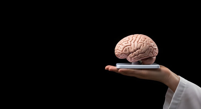 Medical professional holding realistic human brain model over black background