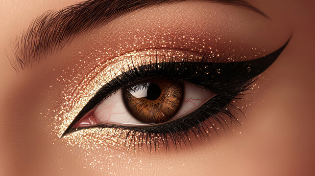 A captivating close up showcases a brown eye with glamorous gold glitter eyeshadow and a dramatic black winged eyeliner creating a striking beauty statement.