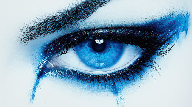 A stunning closeup reveals a mesmerizing blue eye with dramatic dark eyeshadow and dripping blue accents creating a captivating and artistic beauty statement.