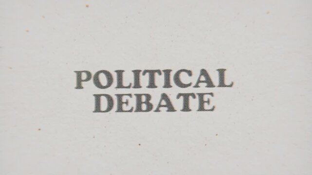 CMYK Halftone Text Political Debate Printed on Changing Paper with Vintage Stop Motion Effect.