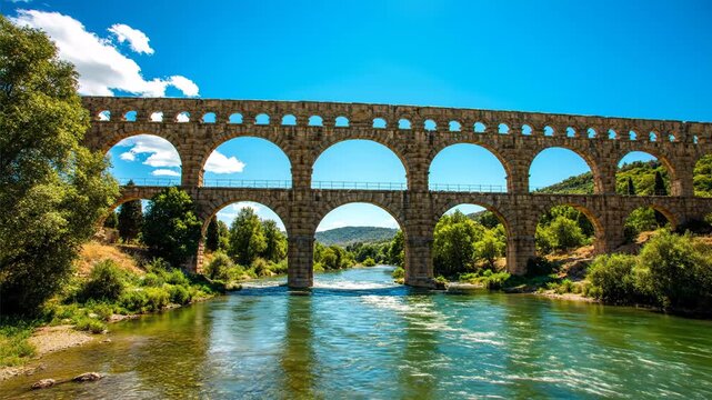 Pont du Gard Aqueduct Ancient Roman Engineering Marvel Over River Gardon France.