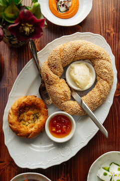 Turkish breakfast with simit, cheese, and jam