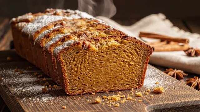 Delicious Pumpkin Bread Loaf with Powdered Sugar and Nuts.