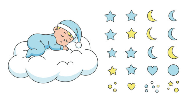 A sleeping baby peacefully rests on a cloud surrounded by stars and moons