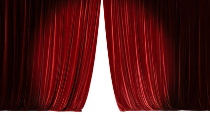 Rich red velvet theater curtains parted to reveal darkness, isolated on transparent background