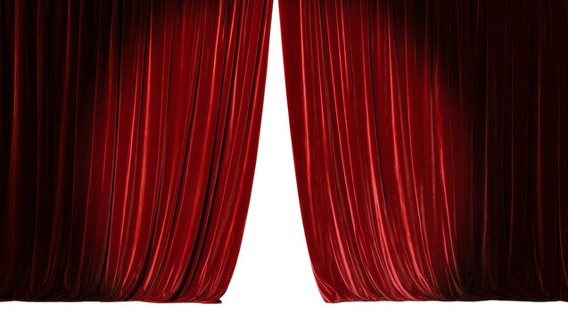 Rich red velvet theater curtains parted to reveal darkness, isolated on transparent background